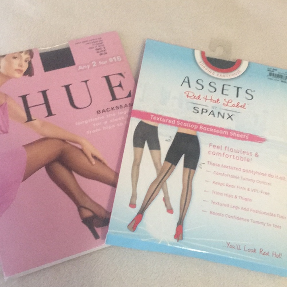 Two pair (HUE/Spanx) black backseam hosiery NWT